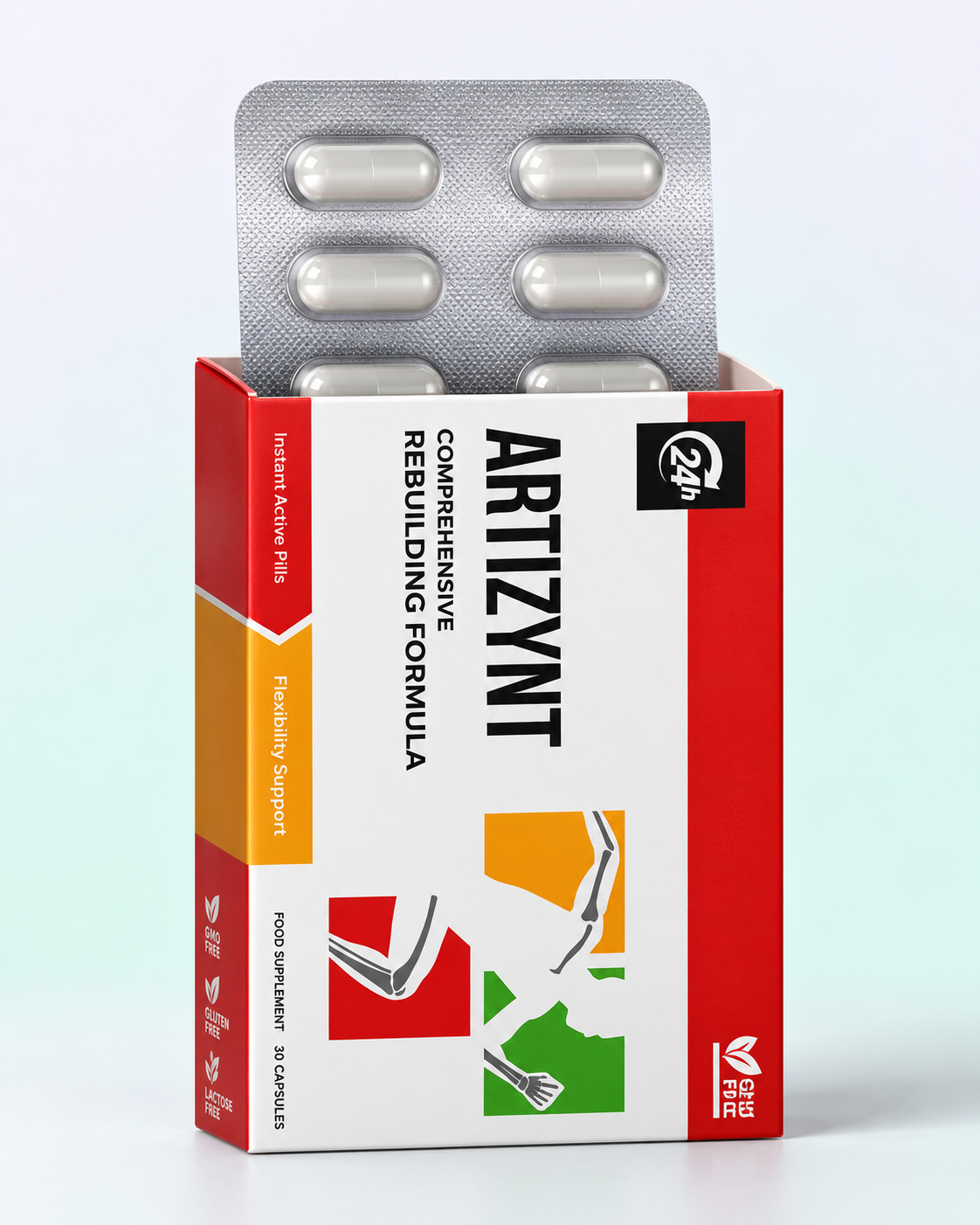 ArtiZynt-Faltschachtel mit herausragendem Blister und weißen Kapseln