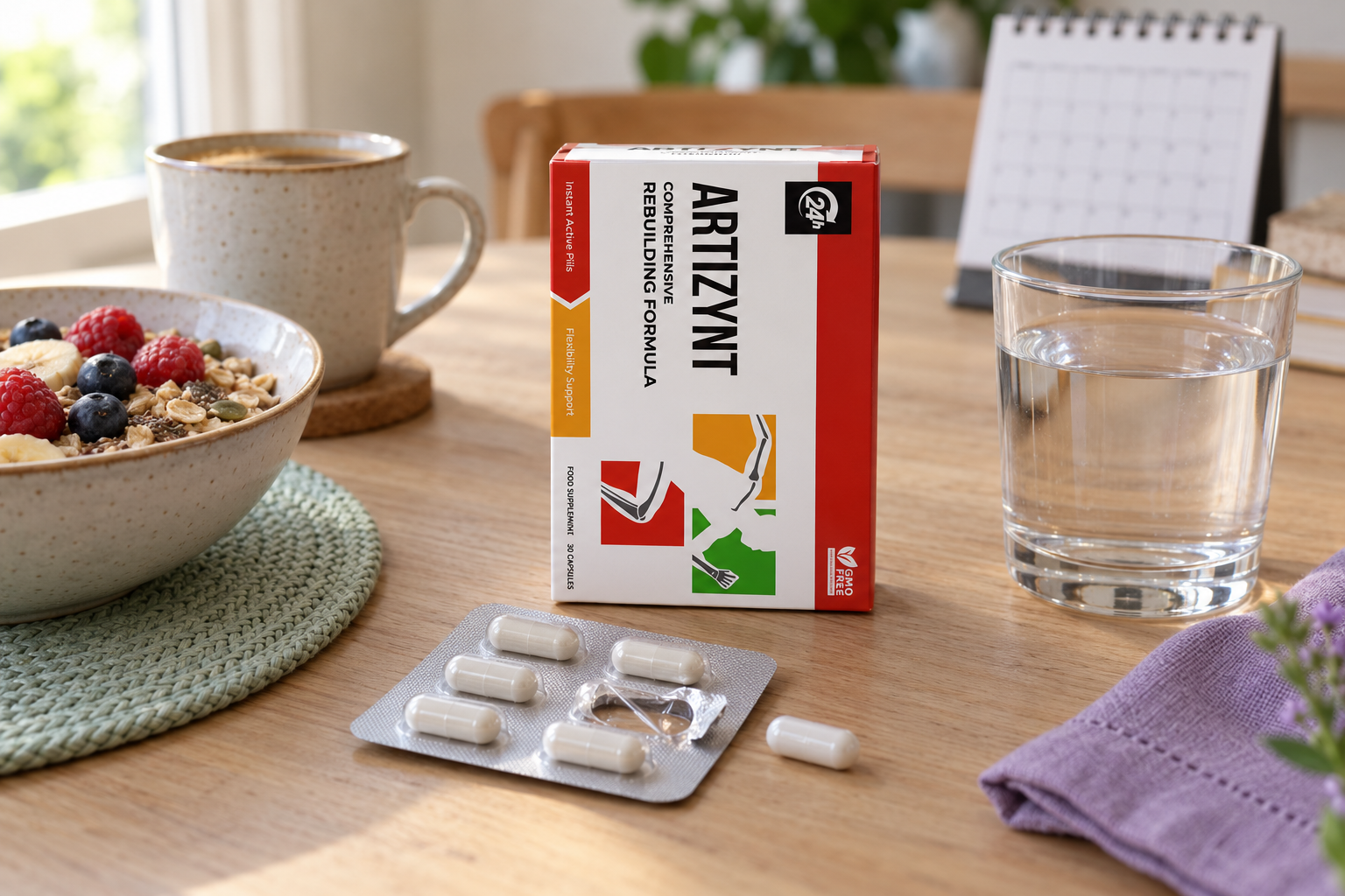 ArtiZynt-Packung und Blister mit Kapseln auf dem Frühstückstisch neben Müsli und einem Glas Wasser